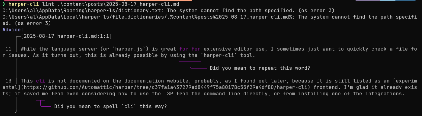 Result of harper-cli output showing some grammatical errors